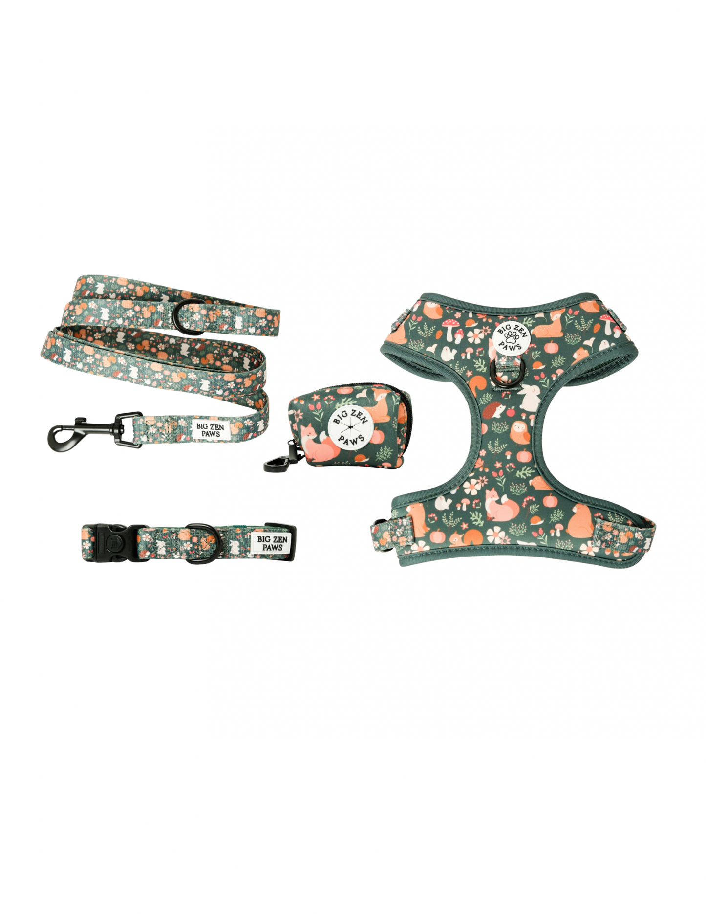 Forest Friends, Harness, Collar, Leash, & Poop Bag Holder bundle