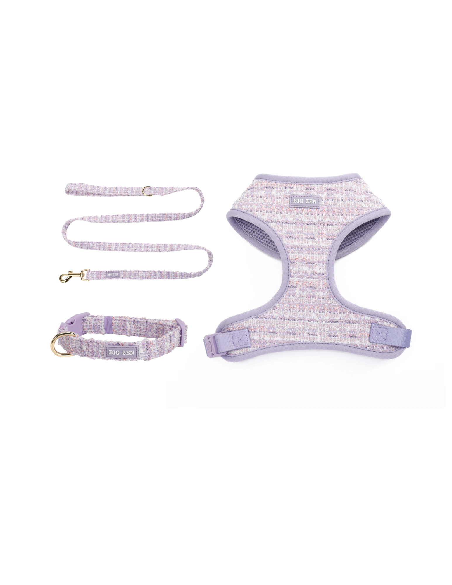 Lavender Tweed Harness, Collar, & Leash bundle