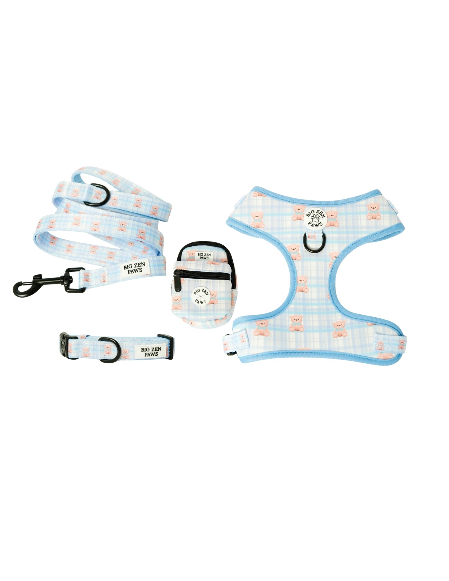 Beary Blue Harness, Collar, Leash, & Backpack bundle